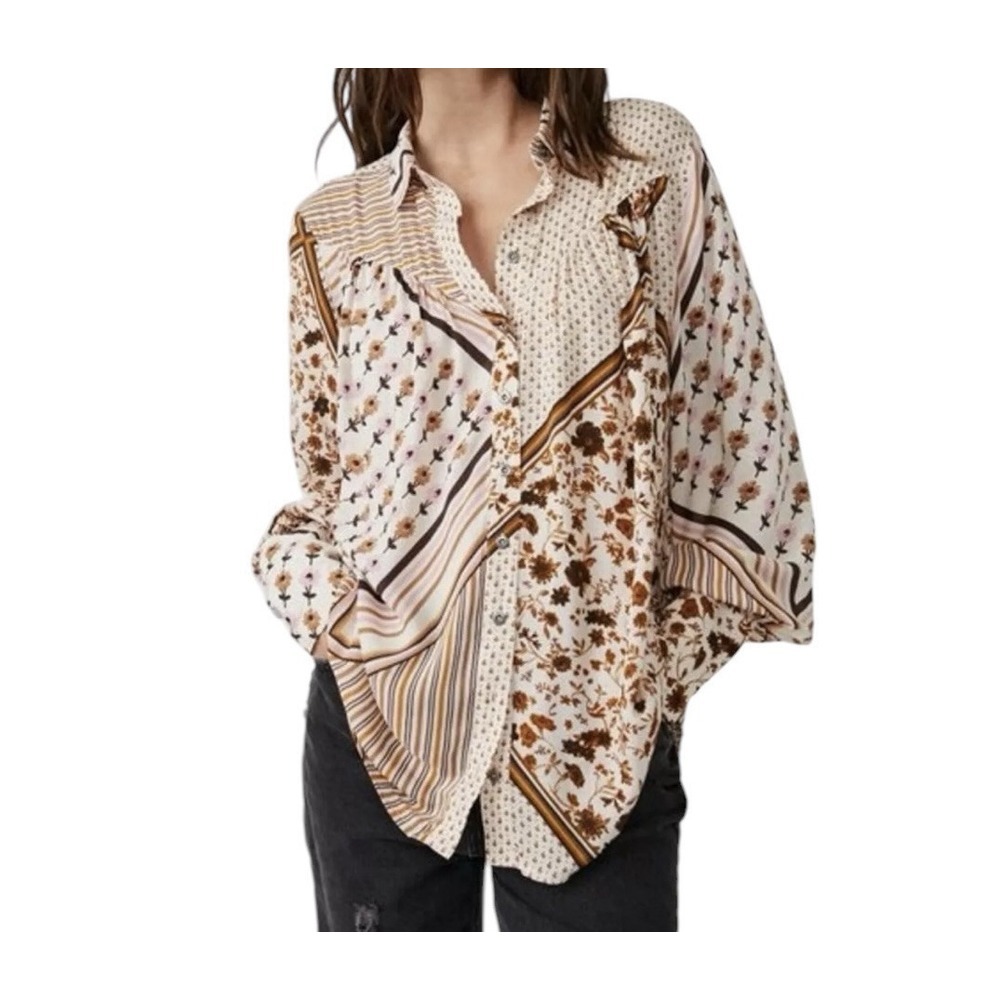 Free People Shirt women XS Buttondown Top Long Sleeve Boho Oversized Bohemian